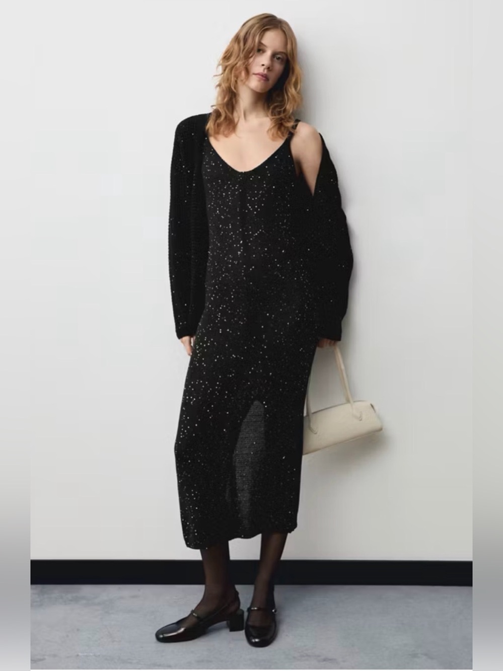 Mango Black Sequin Knit Maxi Dress - Sleeveless V-Neck